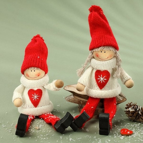 Winterkinder Strick weiß rot mit Herz Schlenkerbeine Weihnachtswichtel