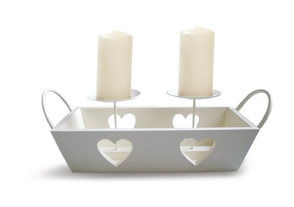 Kerzentablett mit Herzen für 2 Kerzen weiß oder natur von Baden