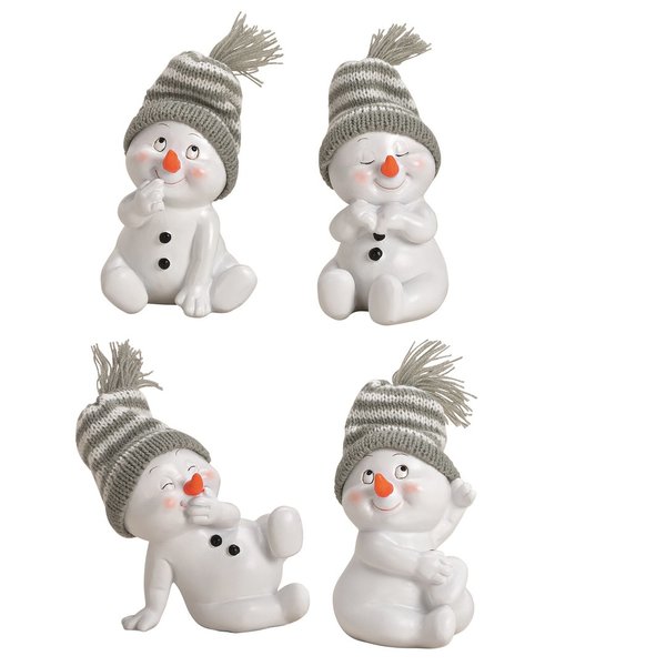 Lustige sitzende Schneemann Figuren 4er Set grau-weiße Mützen