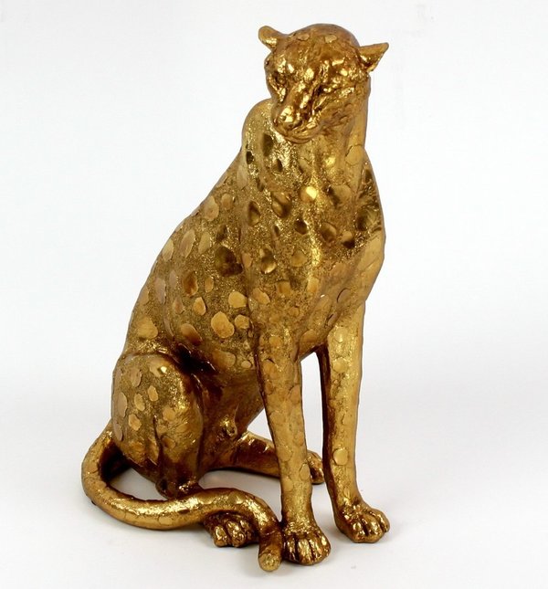 Dekofigur Leopard sitzend, gold 36 cm