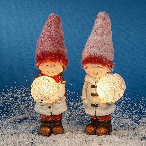 Winterkind Set Mädchen + Junge stehend 19 cm mit LED und Plüschmütze Weihnachtswichtel