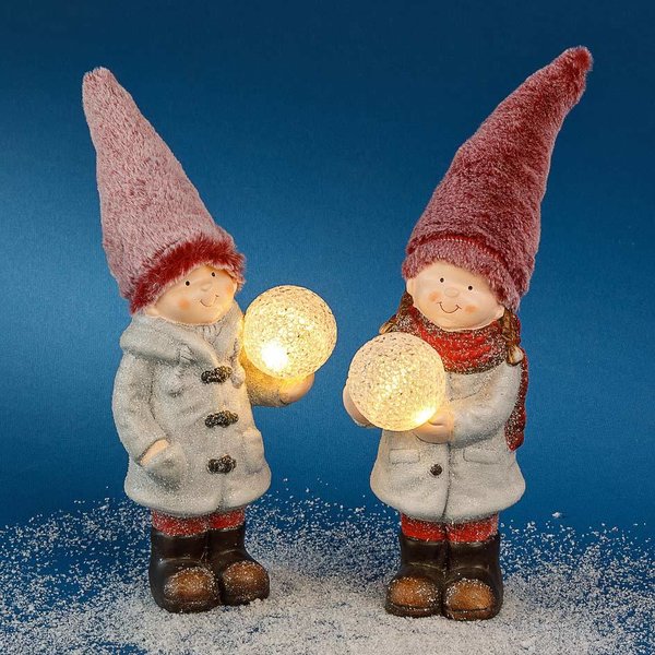 Winterkind Set Mädchen + Junge stehend 35 cm mit LED und Plüschmütze Weihnachtswichtel