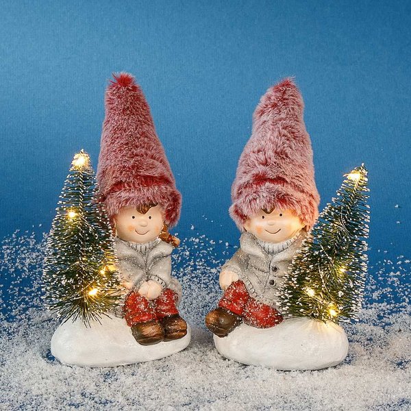 Winterkind Set Mädchen + Junge sitzend 16 cm mit LED Baum Plüschmütze Weihnachtswichtel